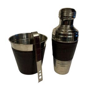 Stainless Steel Ice Bucket with Tongs and Cocktail Beverage Shaker Wrapped